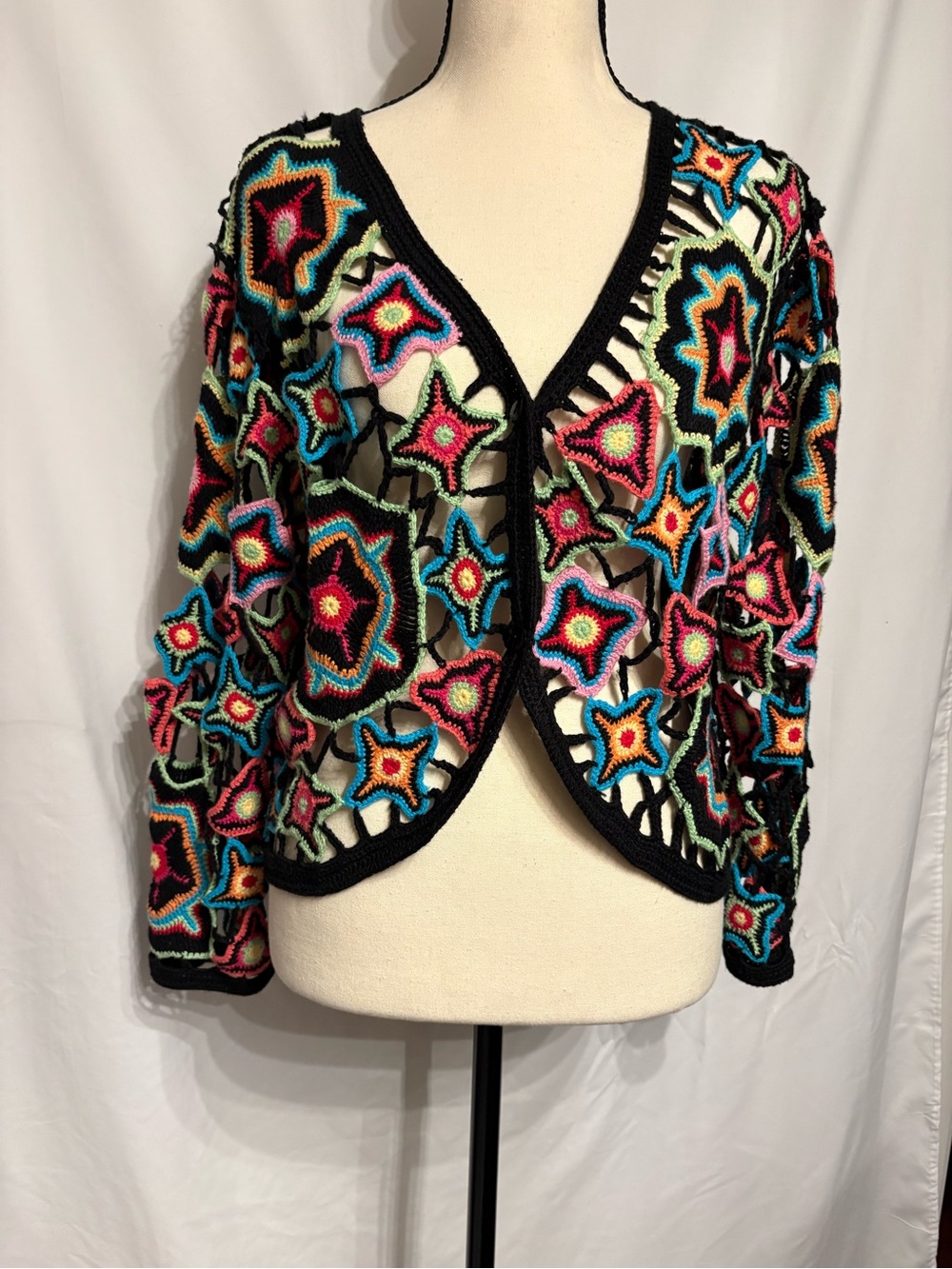 Norm Thompson Black Crochet Floral Open-Front Cardigan with Multicolor Accents L